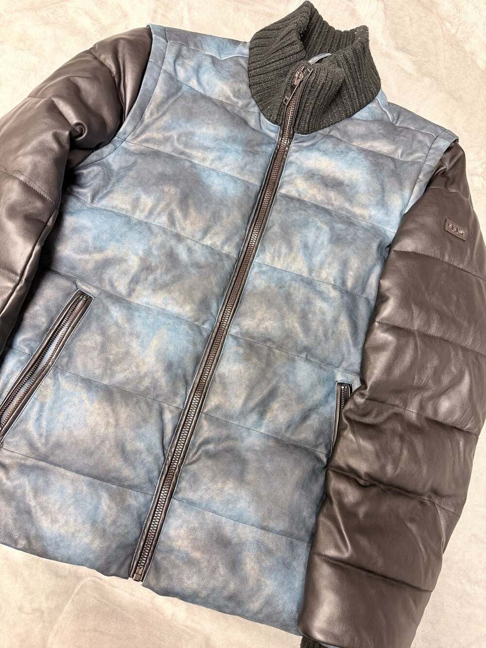 DKNY Puffer Jacket Size M Blue Black Faux Leather Ribbed Collar